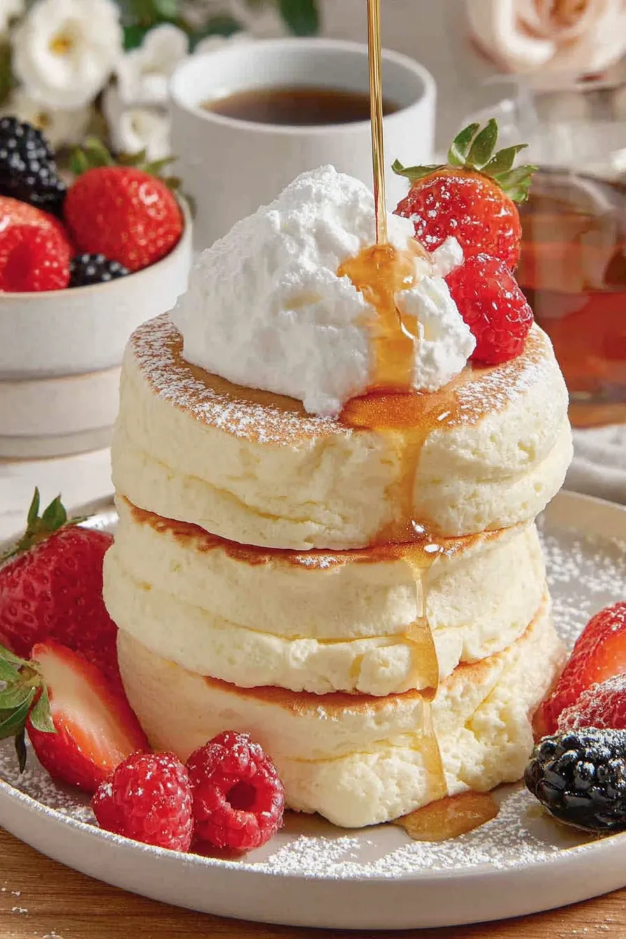 Close-up of souffle pancake interior showing airy texture