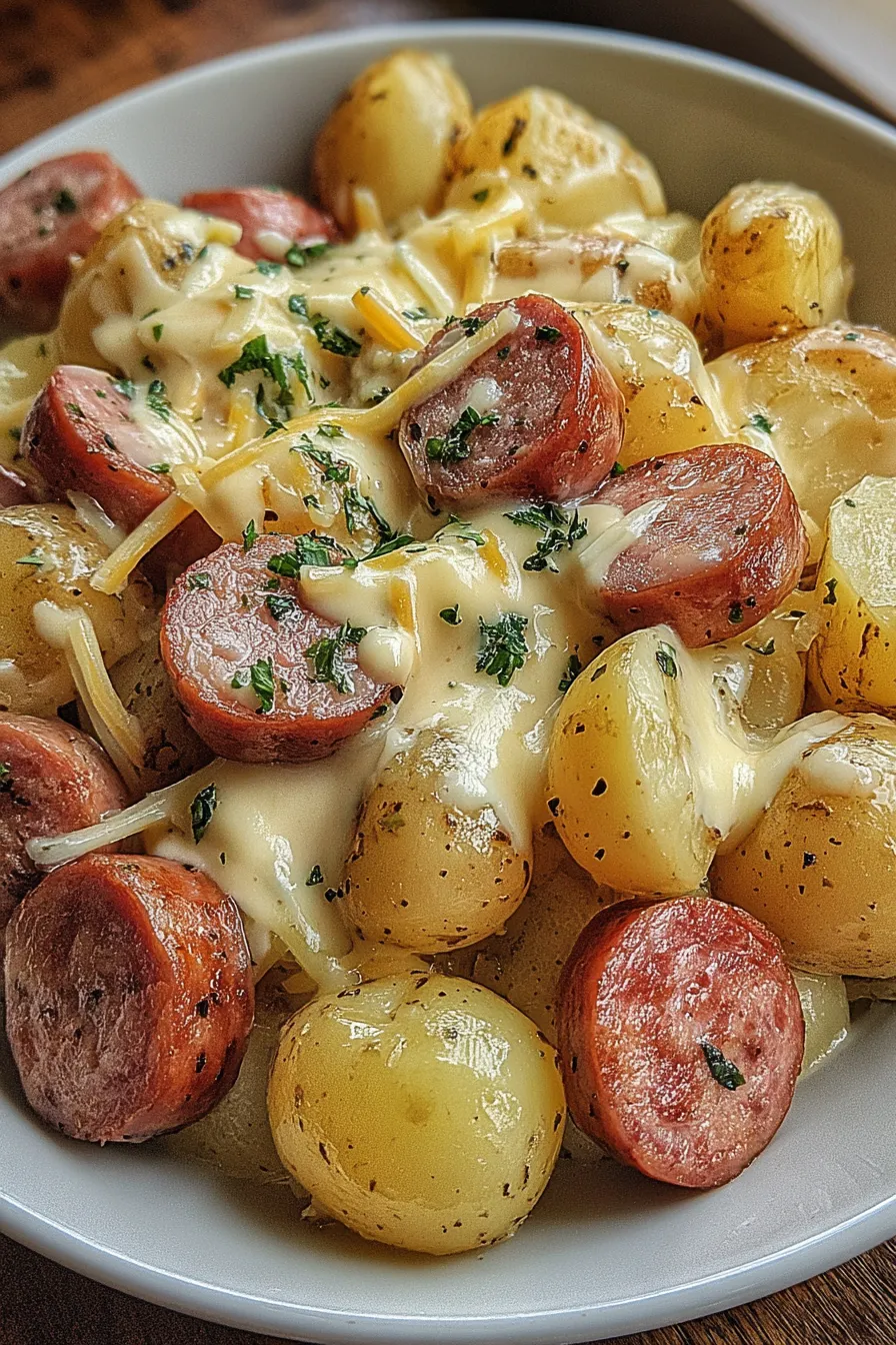 Cheesy ranch potatoes and smoked sausage on a baking sheet