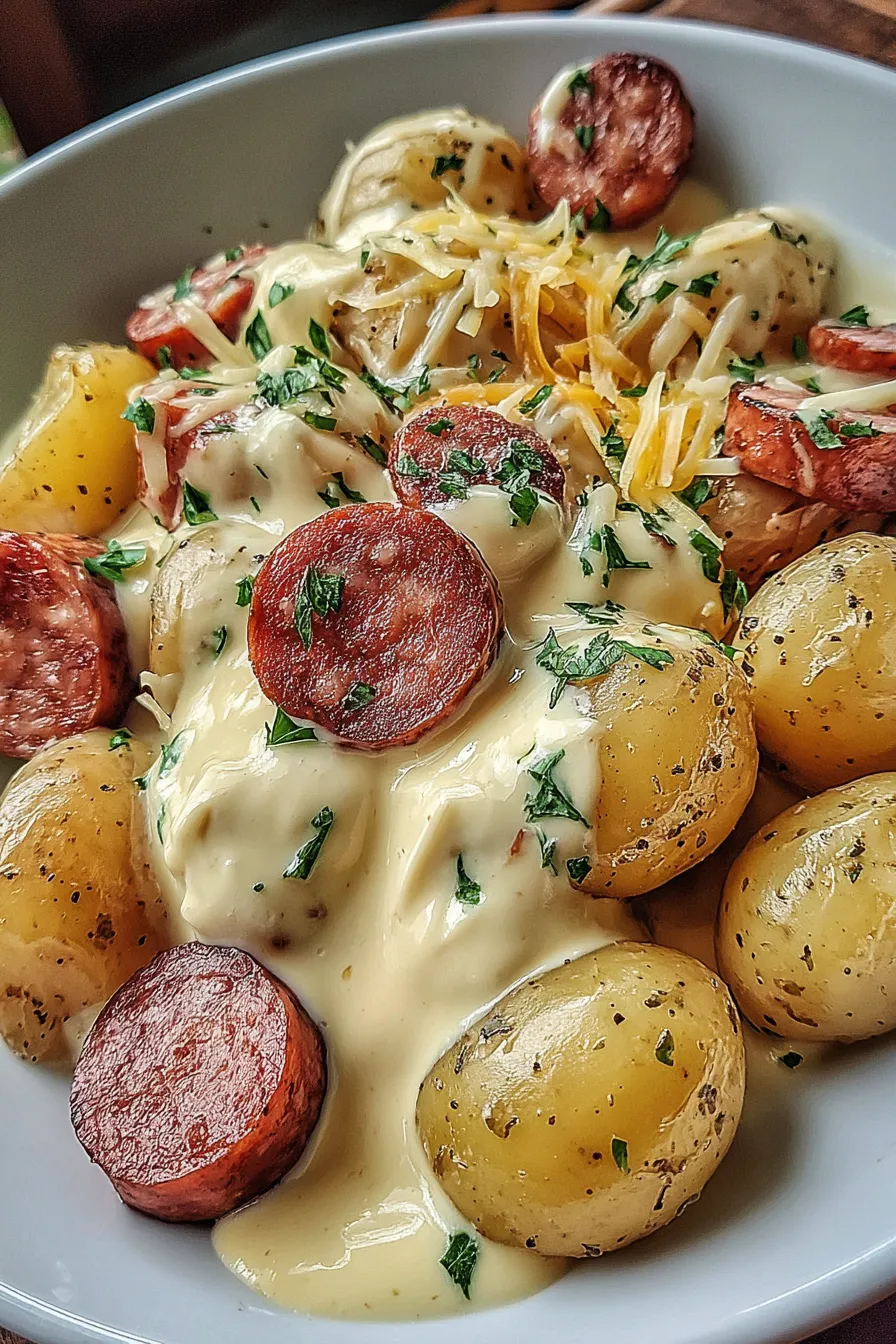 Close-up of melted cheddar on potatoes and sausage