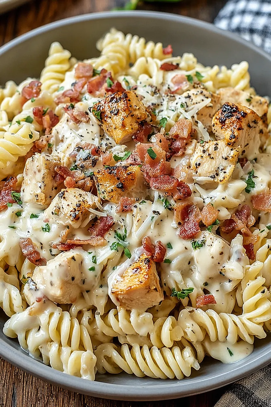 Plated creamy chicken bacon ranch pasta with parsley