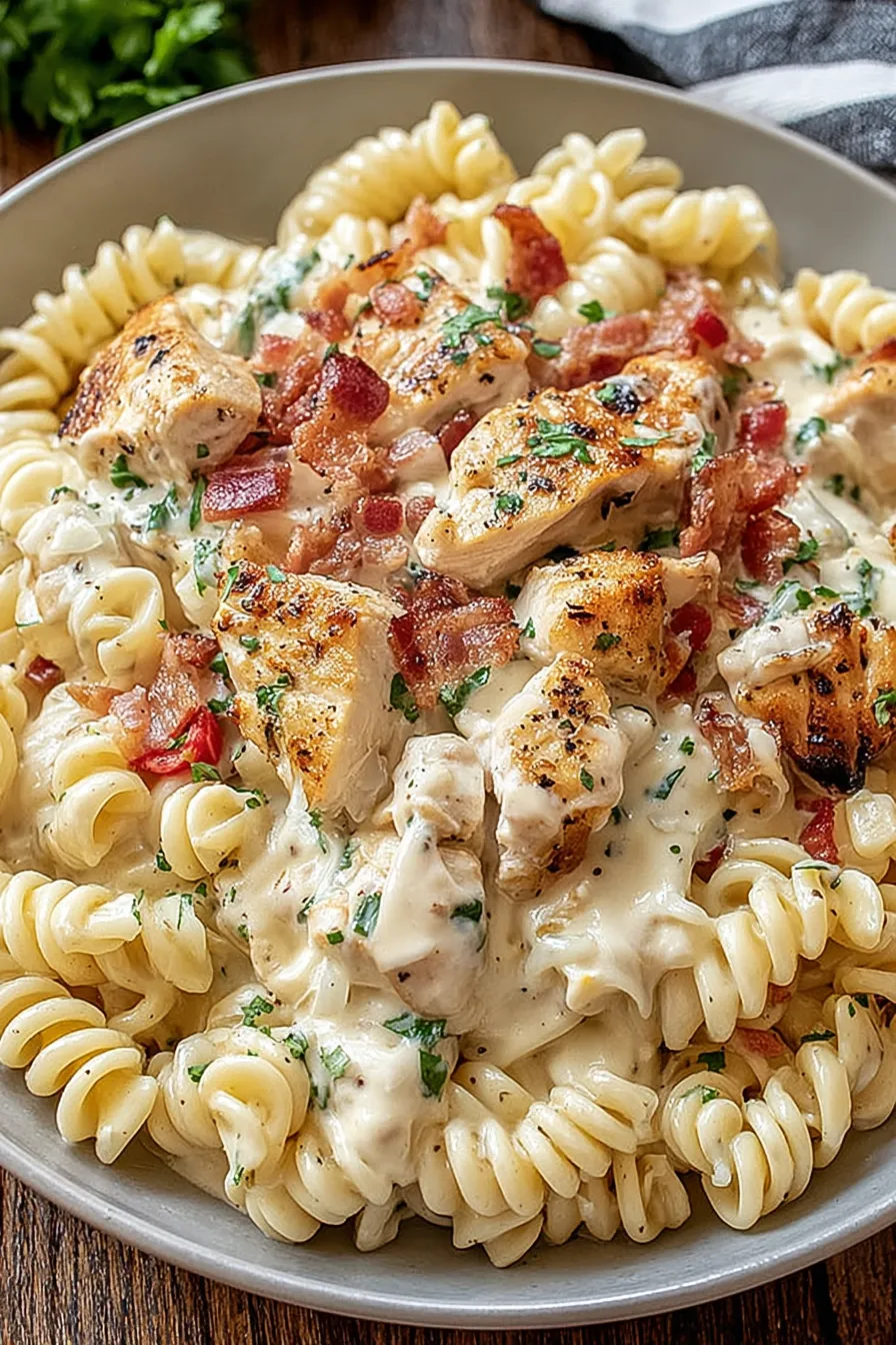 Creamy pasta with chicken and bacon in skillet