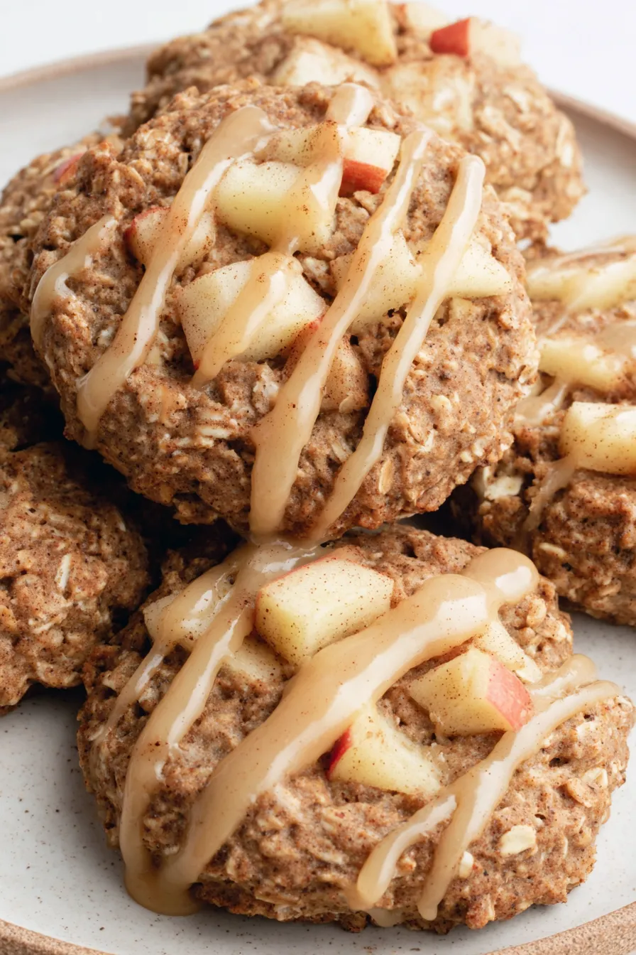 Close-up of a halved apple pie breakfast cookie showing texture and apple pieces