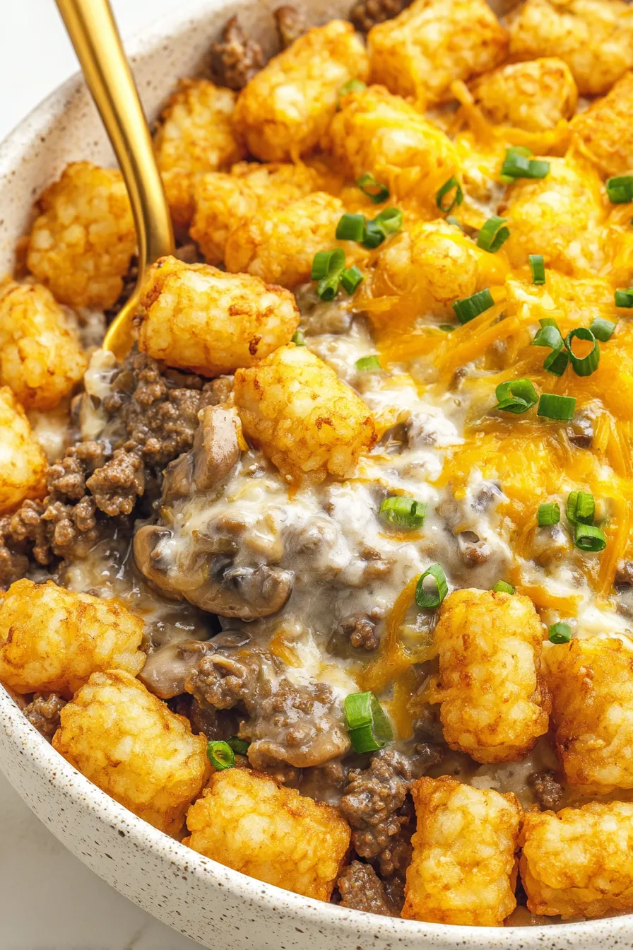 Tater tot casserole bubbling in a casserole dish