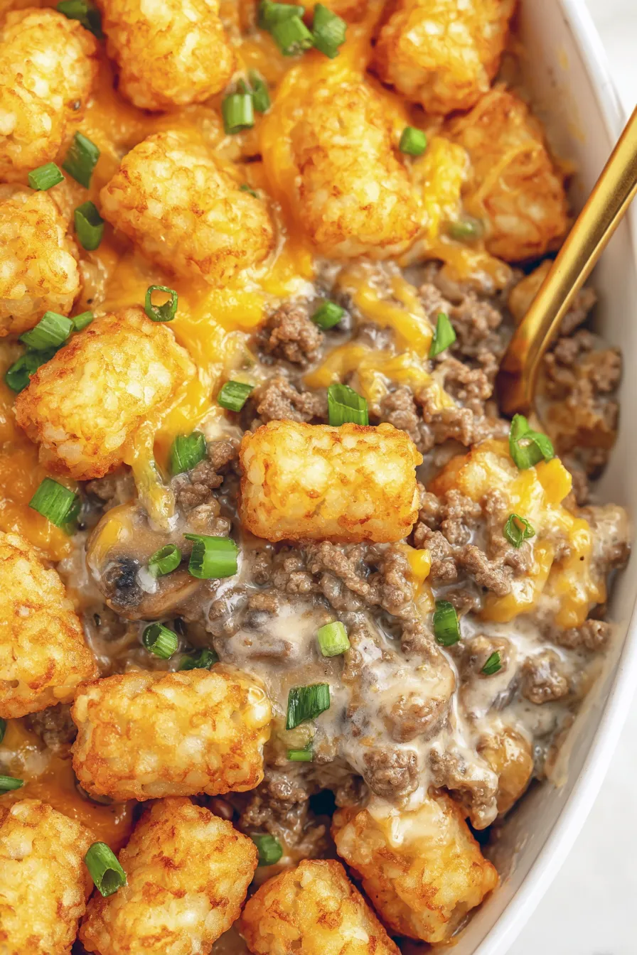 Close-up of melted cheese and tater tots