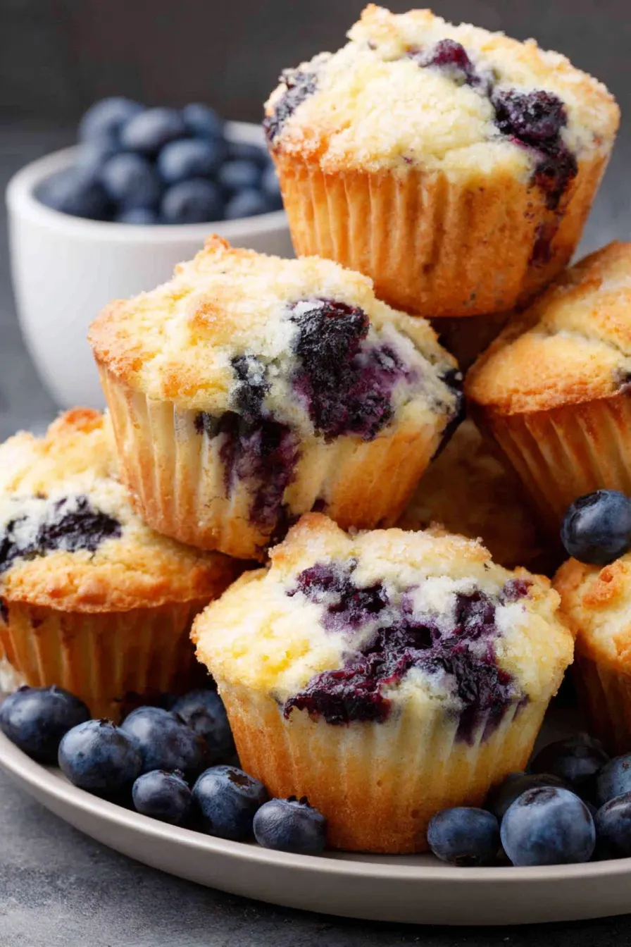 Blueberry muffins with a golden top on a serving plate