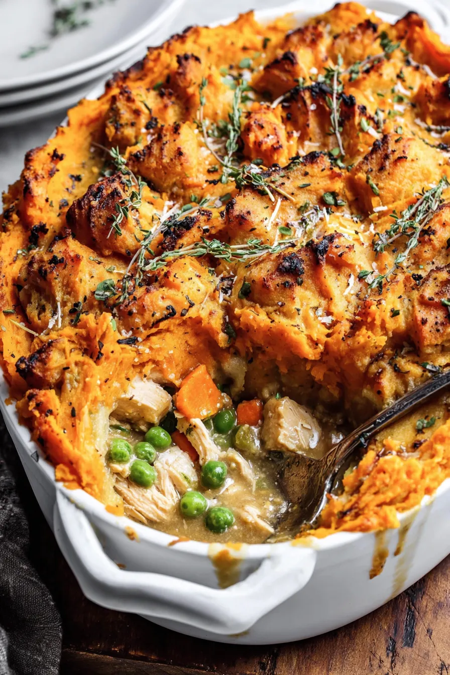 Turkey mashed potato pot pie in a baking dish with golden topping