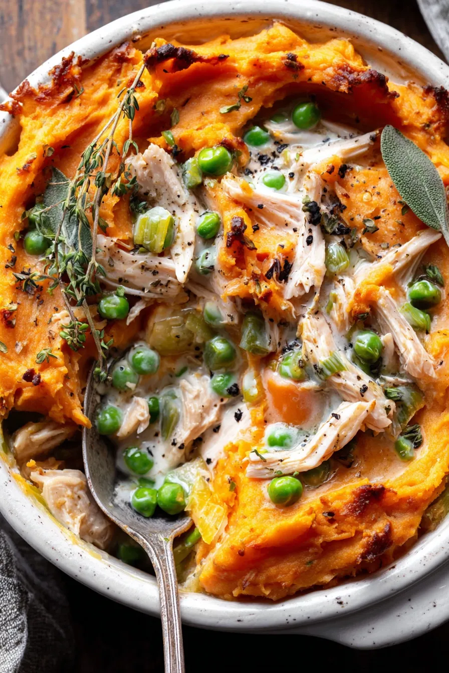 Individual ramekin pot pies with mashed sweet potato topping