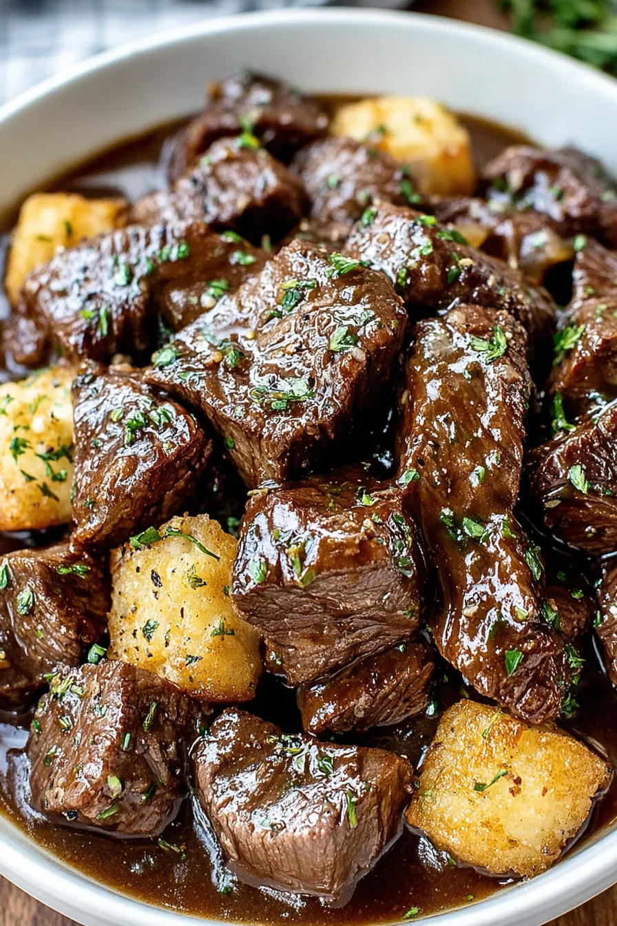 Searing beef bites in skillet before slow cooking
