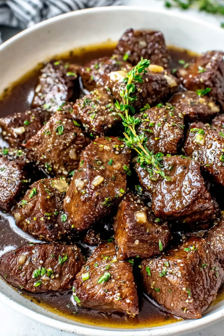 Slow cooker filled with garlic butter beef bites