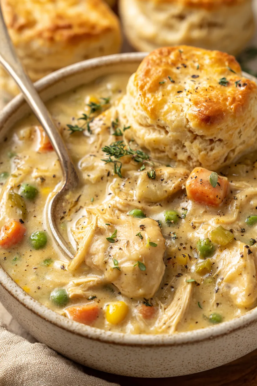 Bowl of chicken pot pie filling topped with a baked biscuit