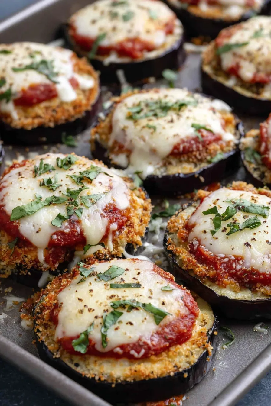 Roasted eggplant slices on a sheet pan