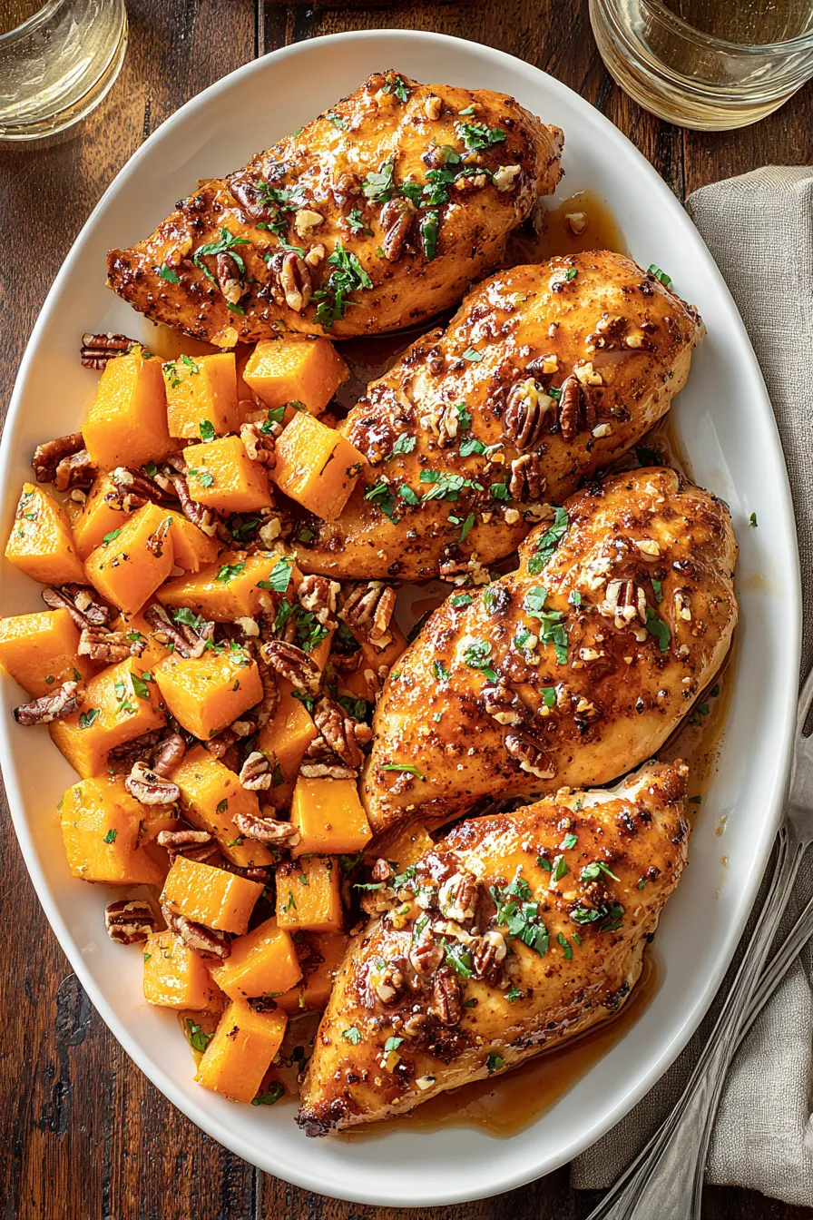 Maple-glazed chicken and roasted sweet potatoes on a sheet pan