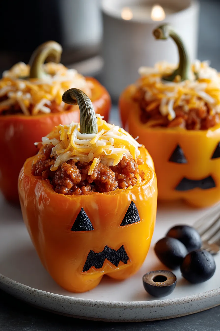 Stuffed bell peppers with carved faces before baking