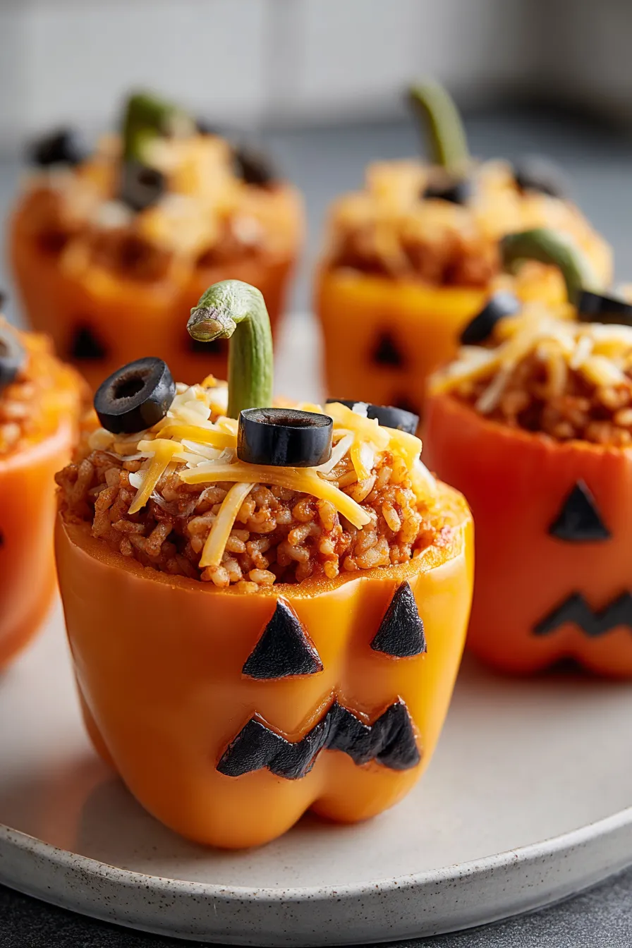 Baked stuffed peppers with melted cheddar and olive eyes