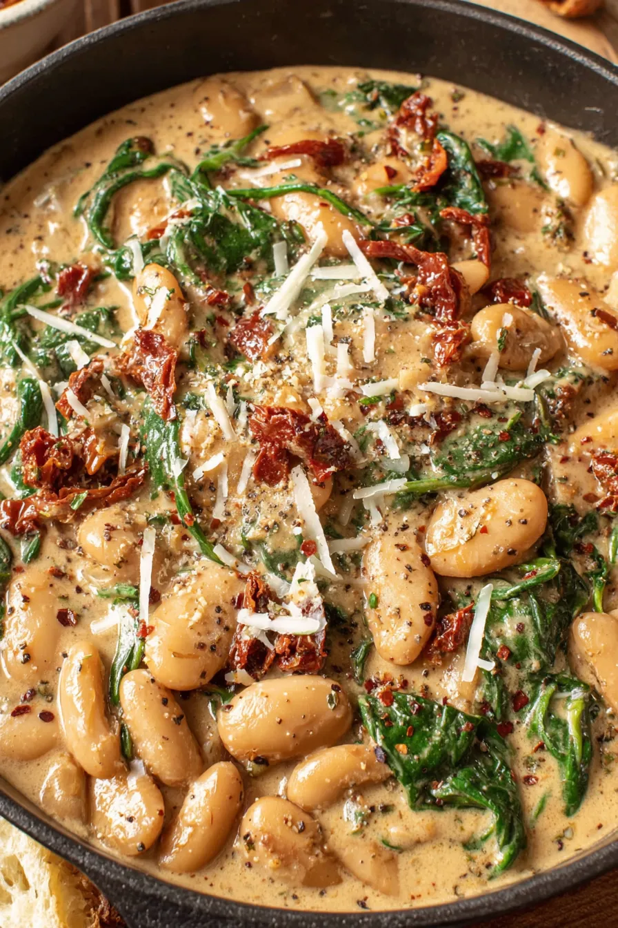 Tuscan butter beans in a skillet with sun-dried tomatoes