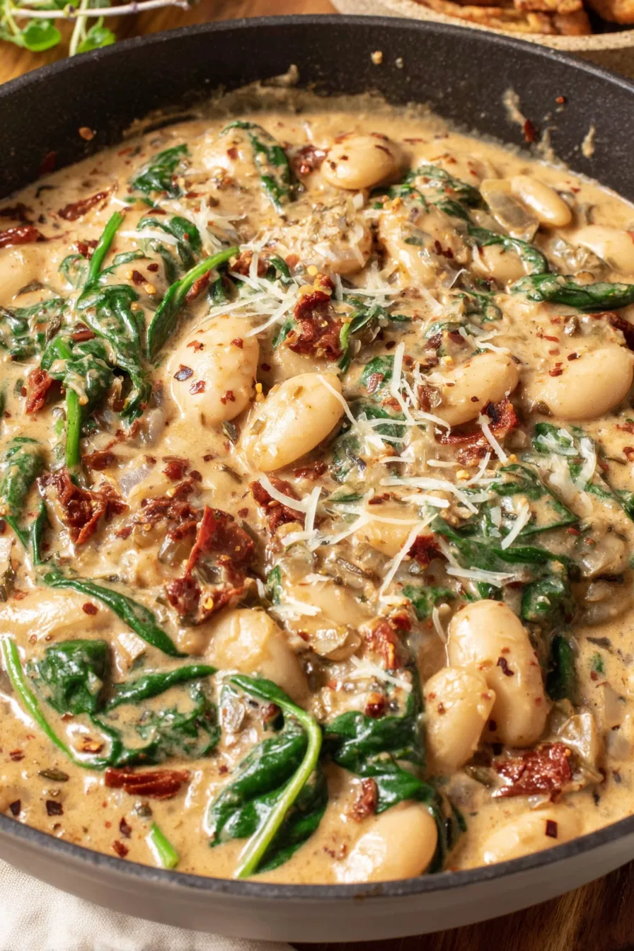 Close-up of creamy butter beans with Parmesan
