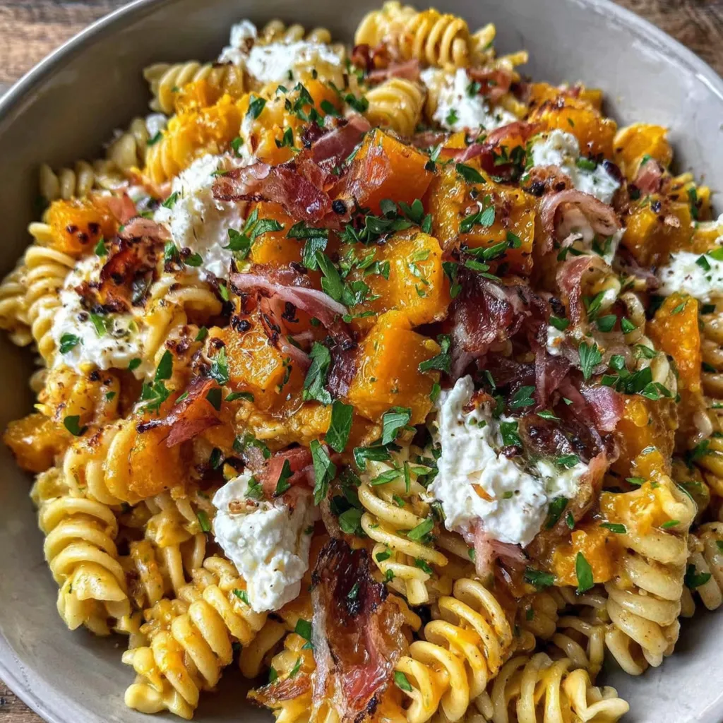 Pumpkin Pasta Salad with Goat Cheese & Crispy Prosciutto