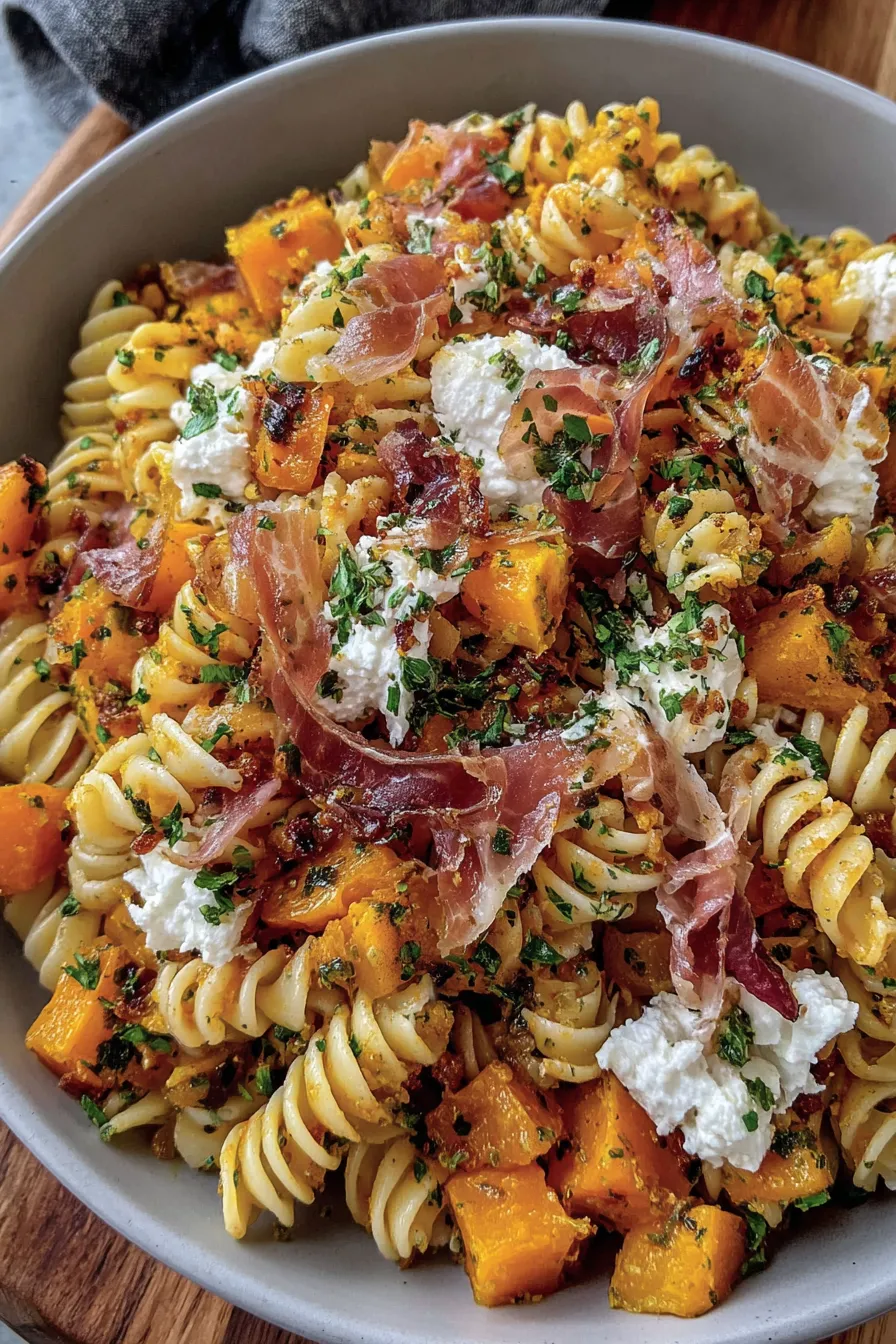 Roasted pumpkin and pasta tossed with goat cheese