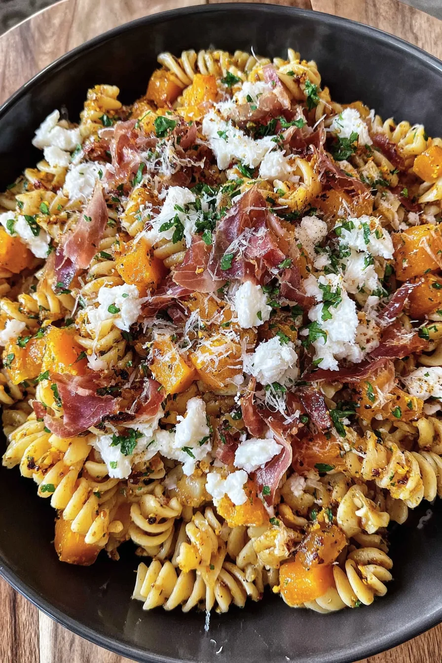 Plated pumpkin pasta salad with goat cheese and parsley