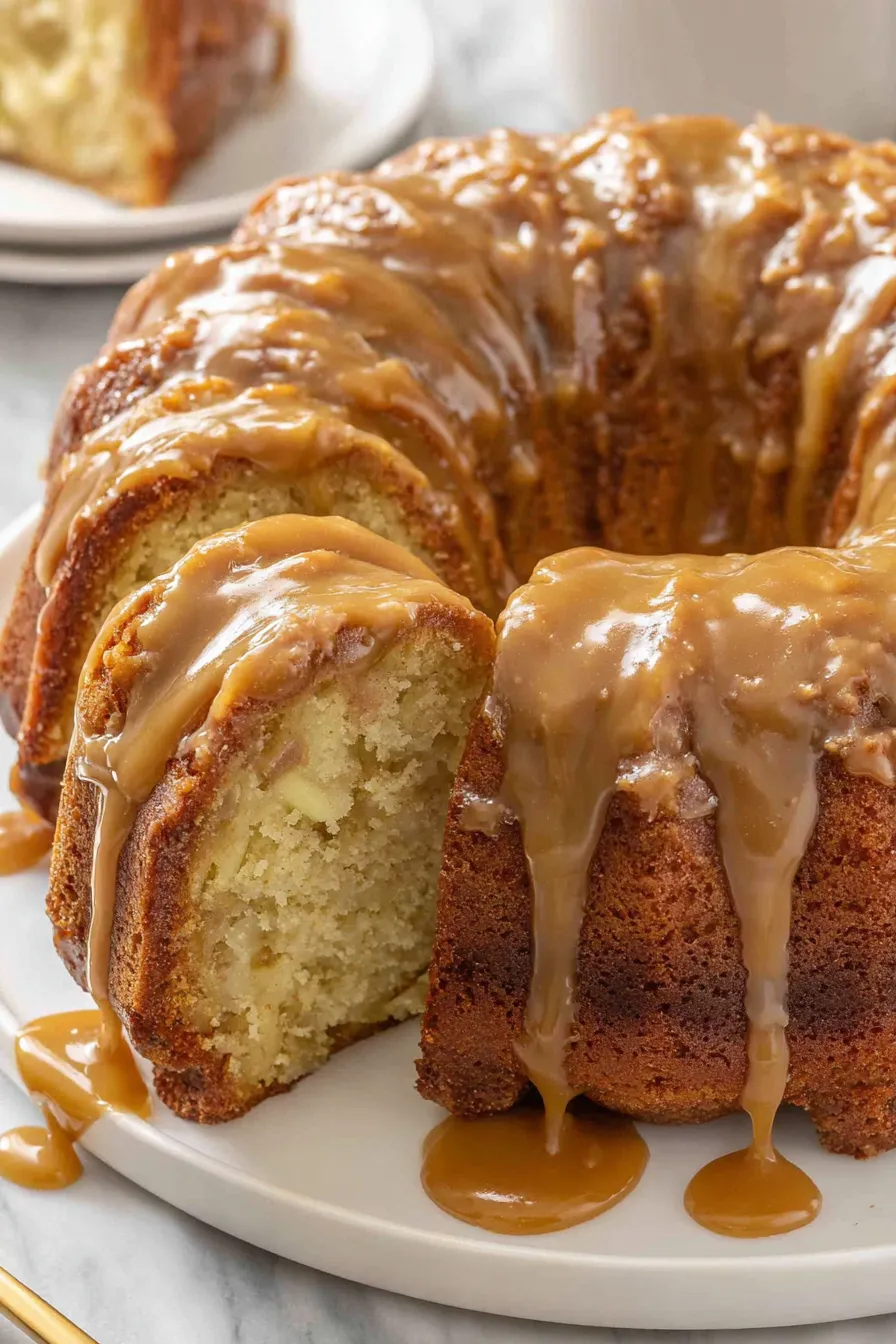 Apple bundt cake on cooling rack with caramel drizzling
