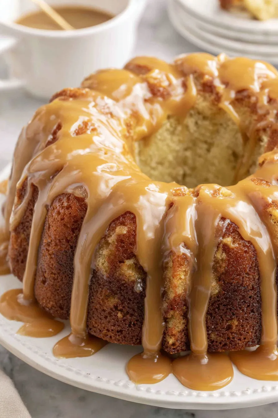Slice of apple bundt cake on plate showing caramel drizzle