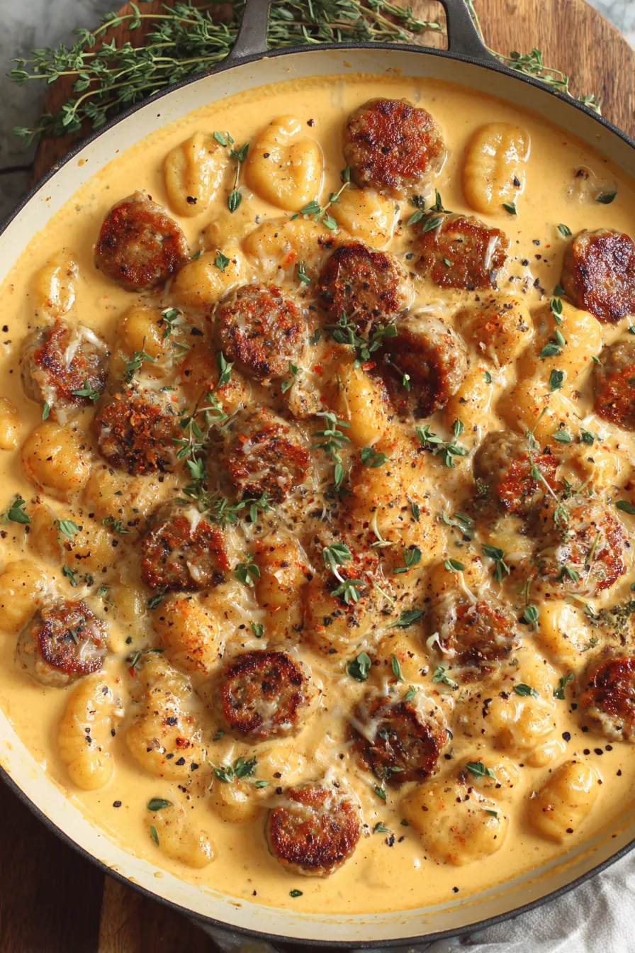 Bowl of creamy gnocchi with sausage and herbs
