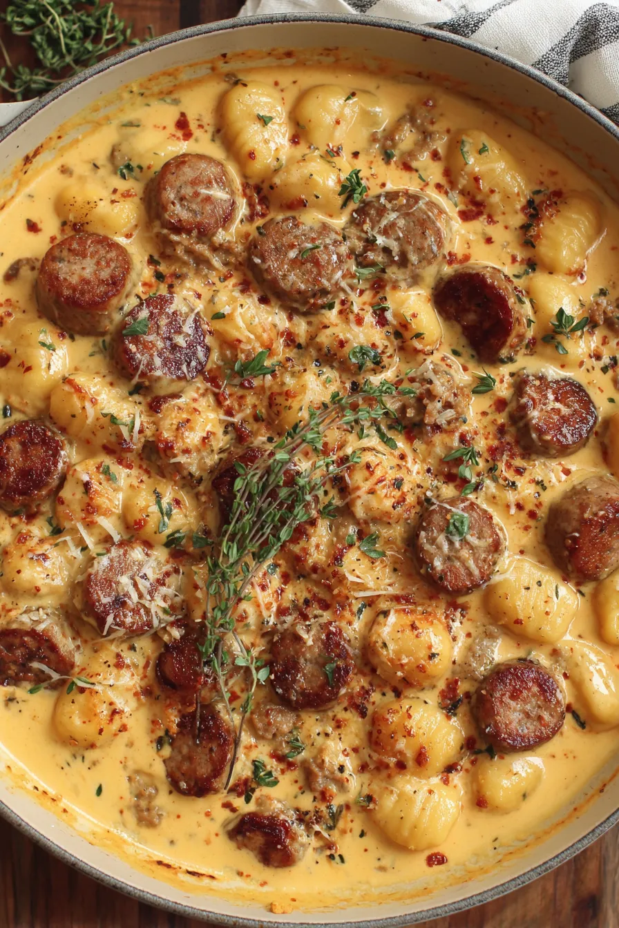 Stovetop pan with gnocchi and creamy sauce