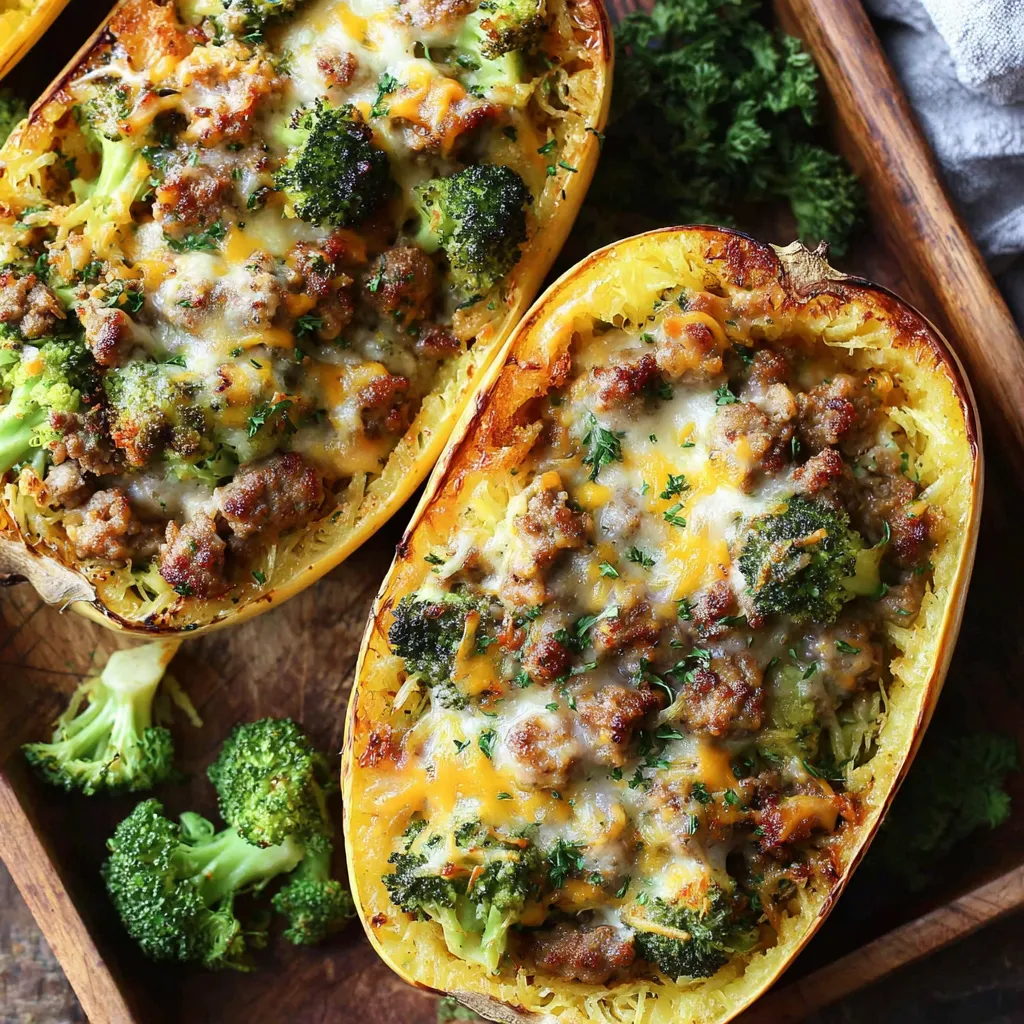 Stuffed Spaghetti Squash with Broccoli, Sausage, and Cheddar Cheese