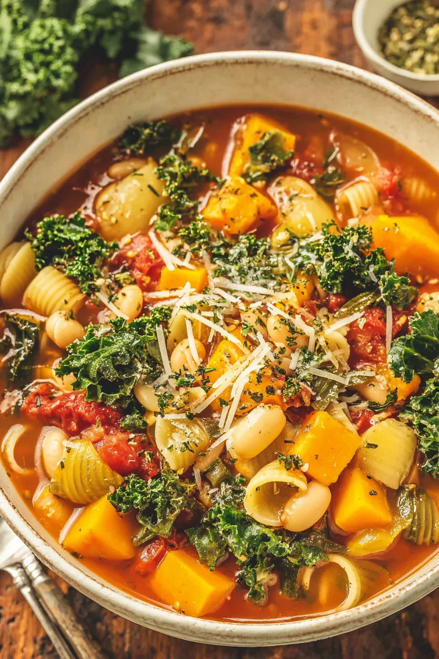 Winter minestrone soup with butternut squash and kale in a bowl