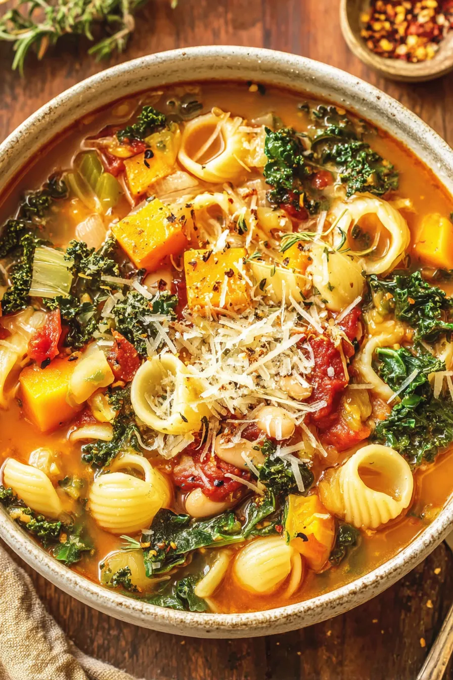 Spoon lifting minestrone from a pot