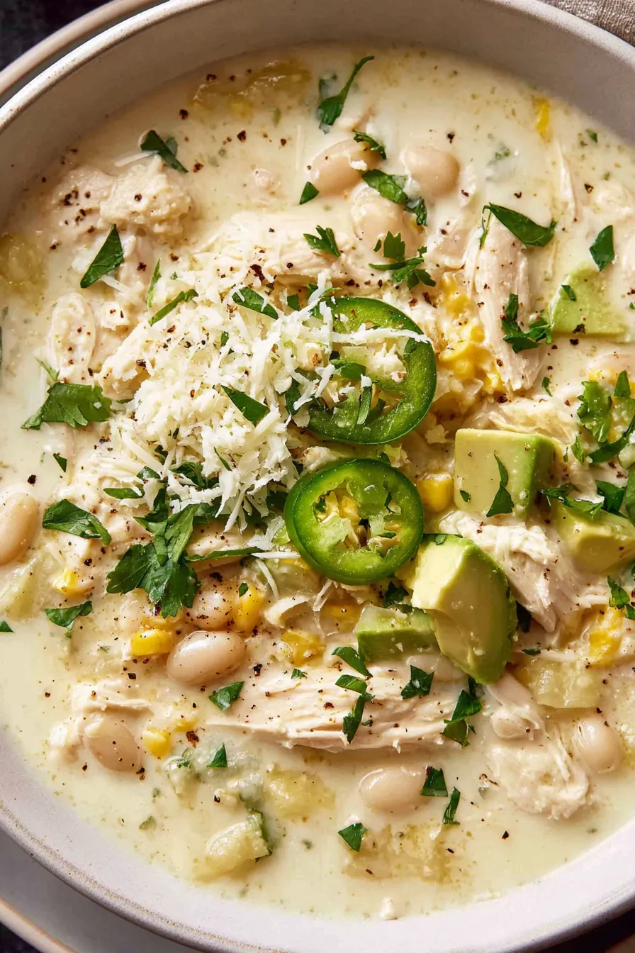 Creamy white chicken enchilada soup in a bowl with toppings