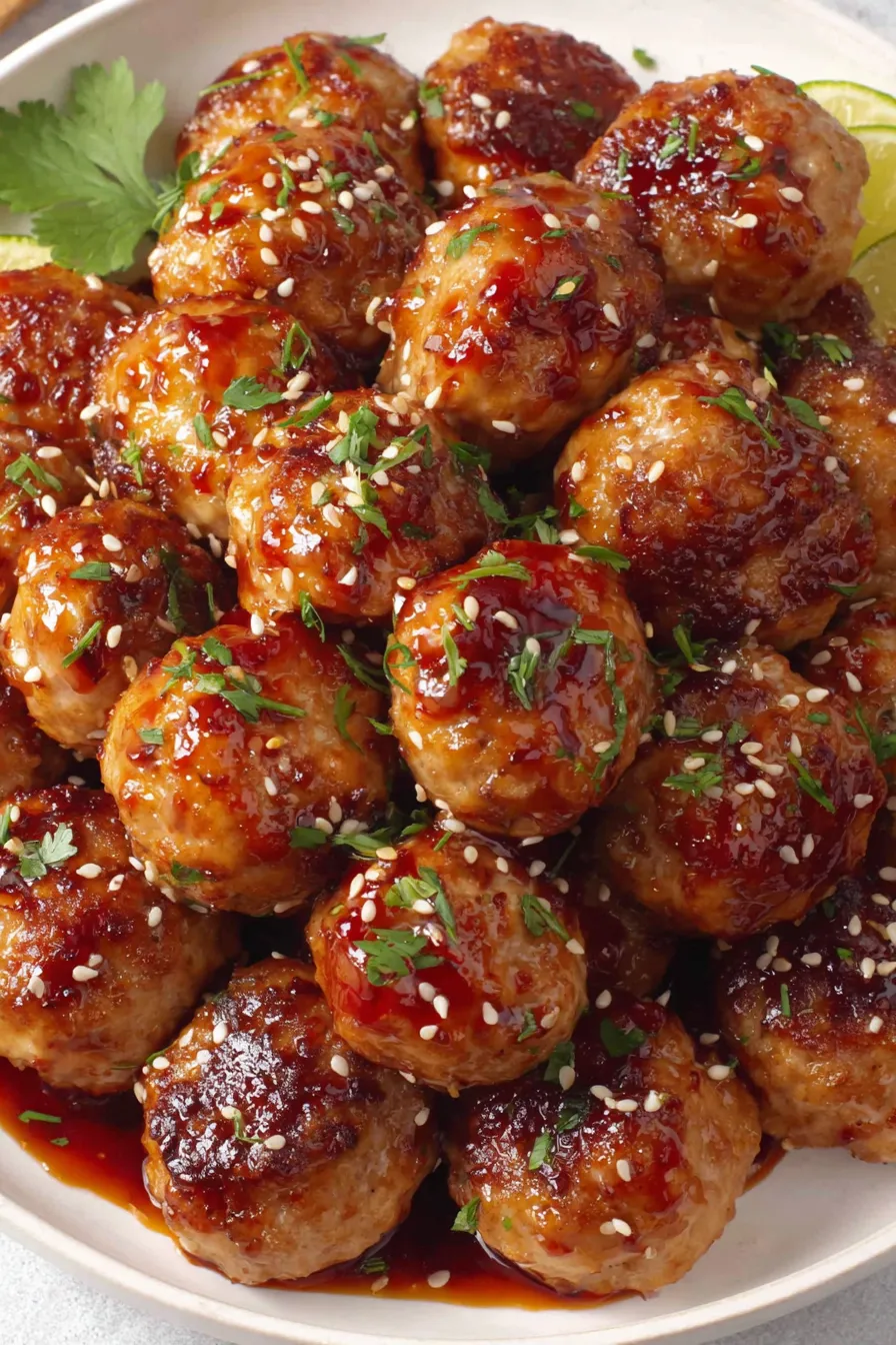 Tray of glazed chicken meatballs fresh from oven