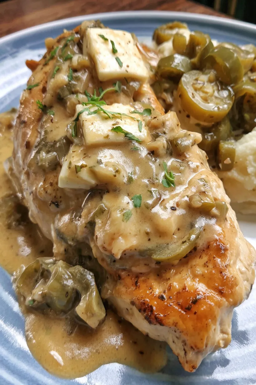 Mississippi Chicken in slow cooker with butter and peppers