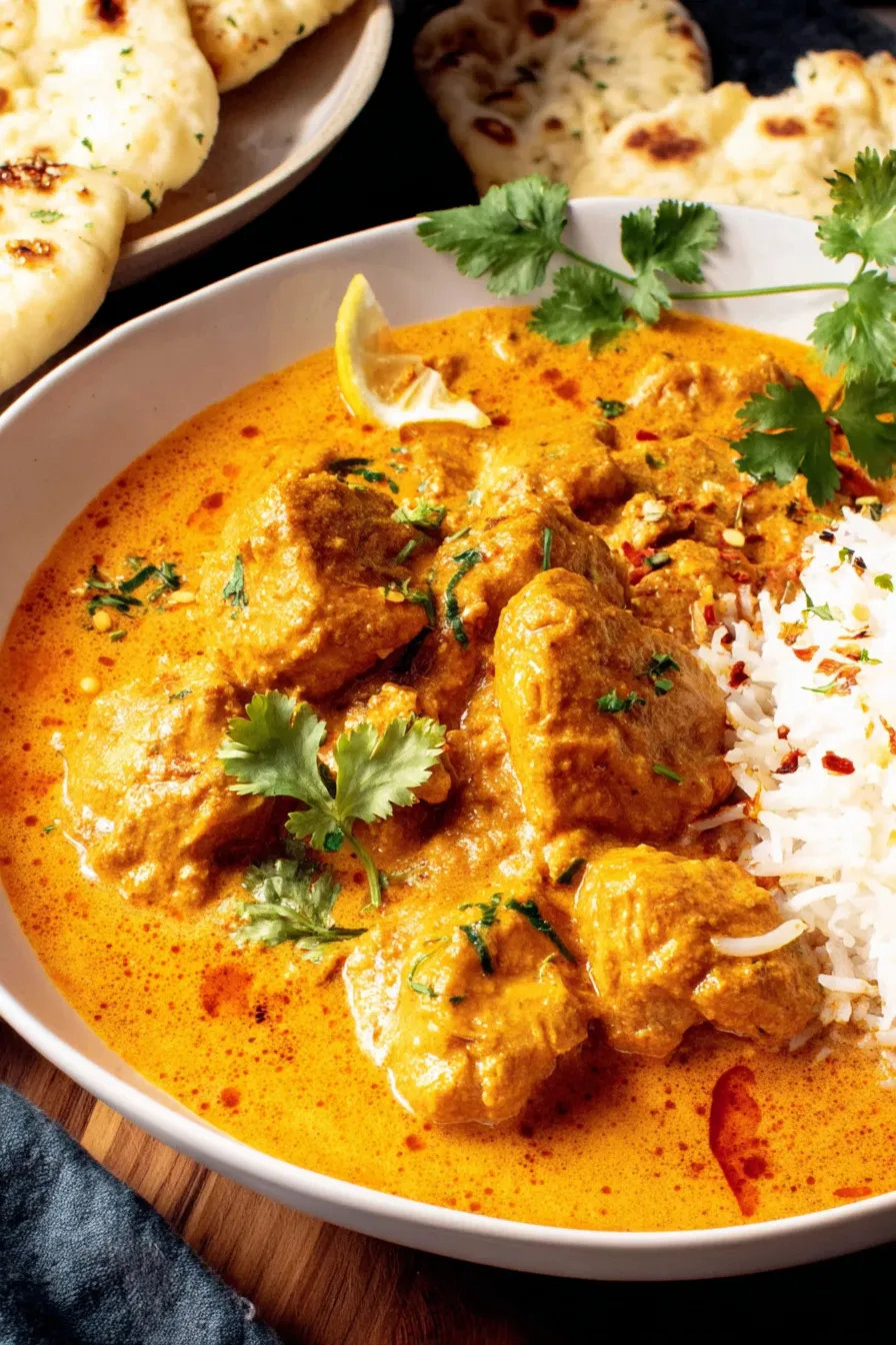 Slow Cooker Chicken Korma in a bowl garnished with almonds