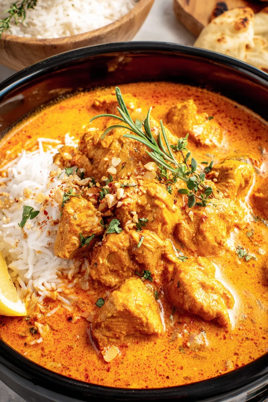 Ingredients for chicken korma laid out on a board