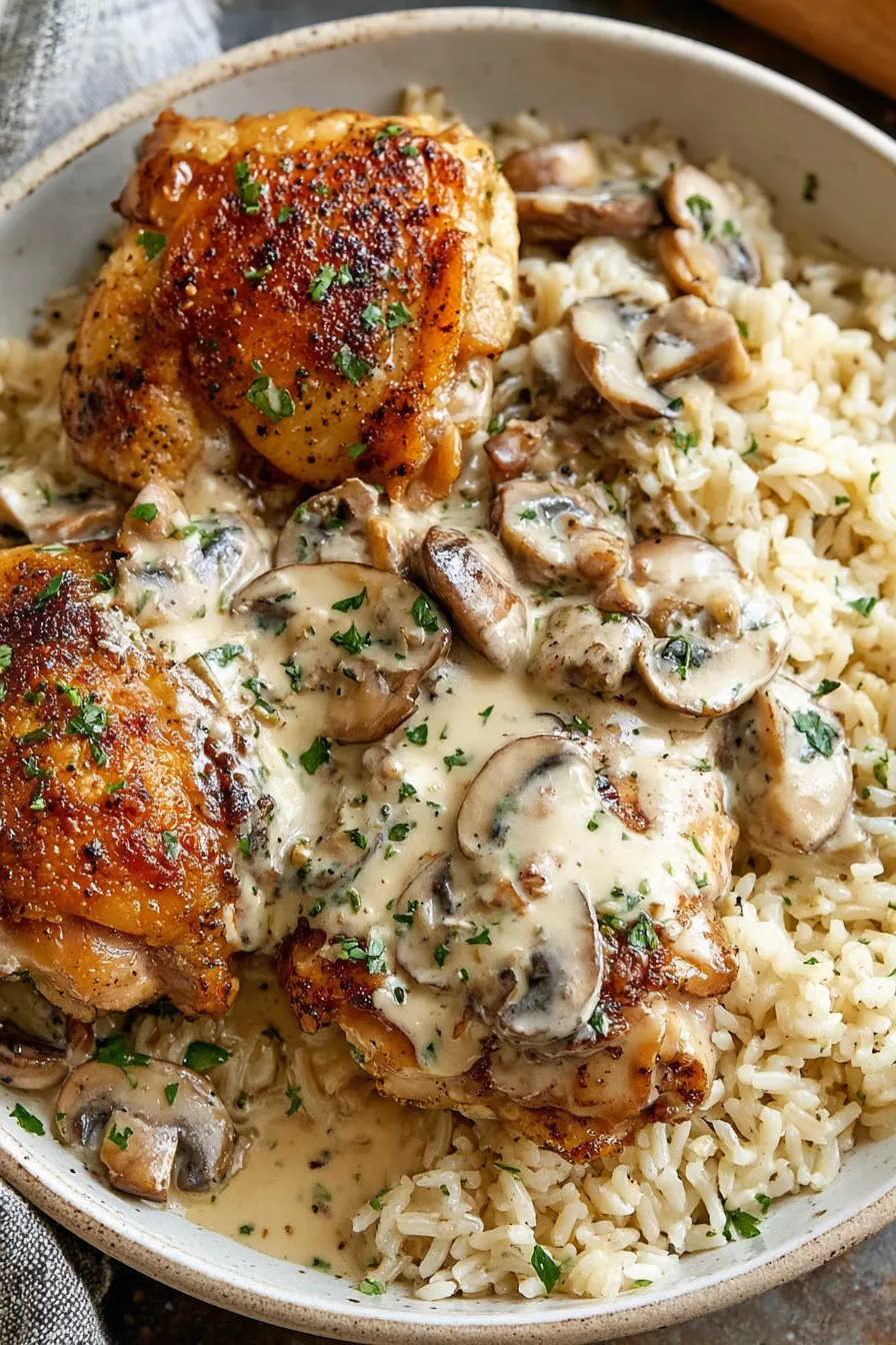 Smothered chicken in casserole dish with rice and mushrooms