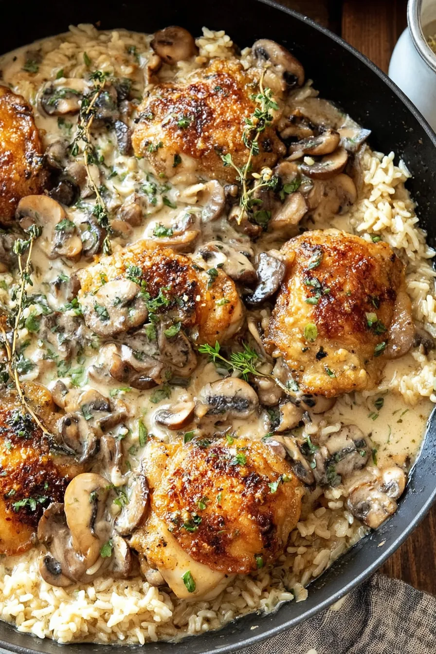 Close-up of creamy mushroom sauce over chicken