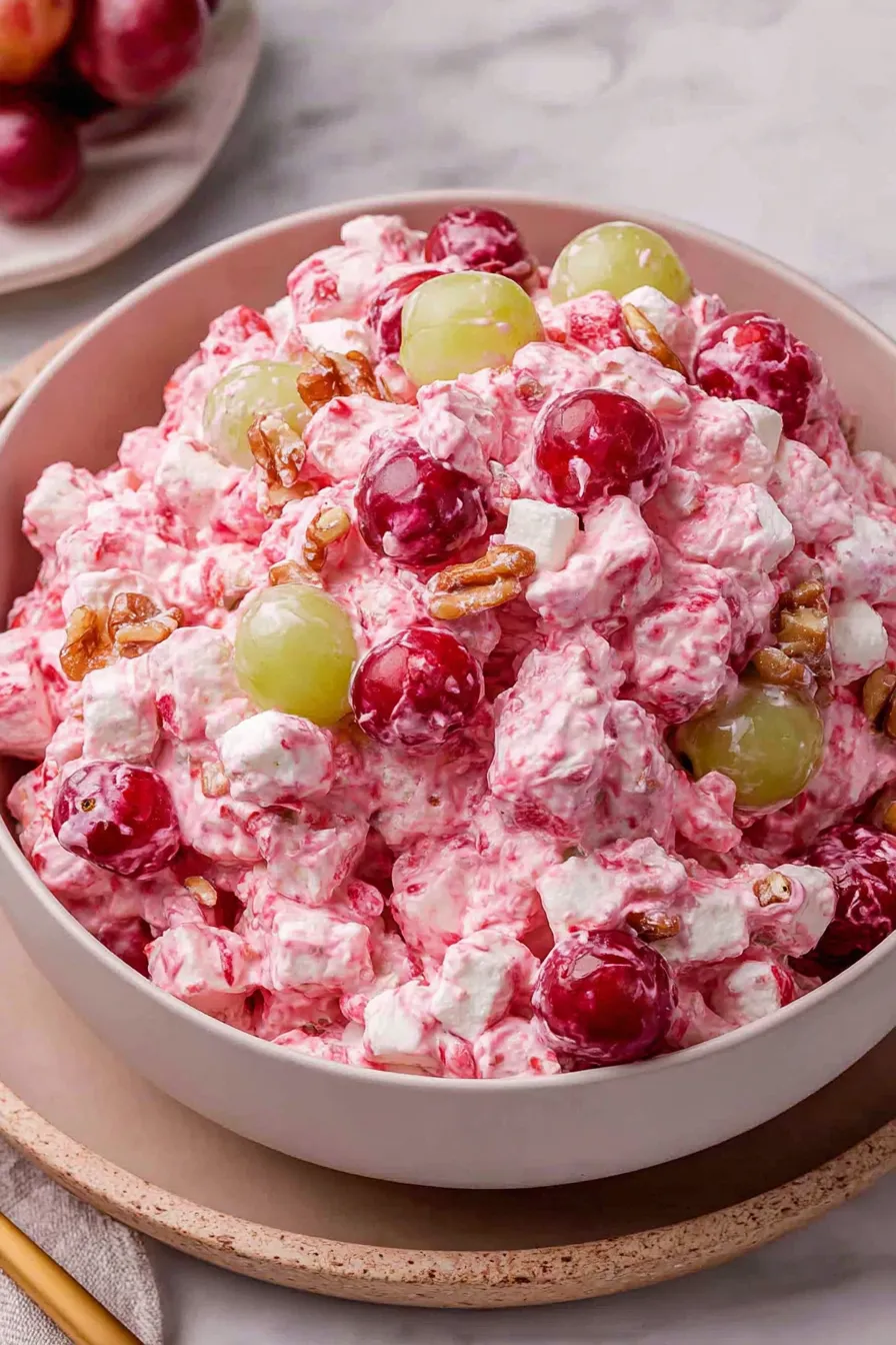 Bowl of cranberry fluff with whipped cream and chopped apples