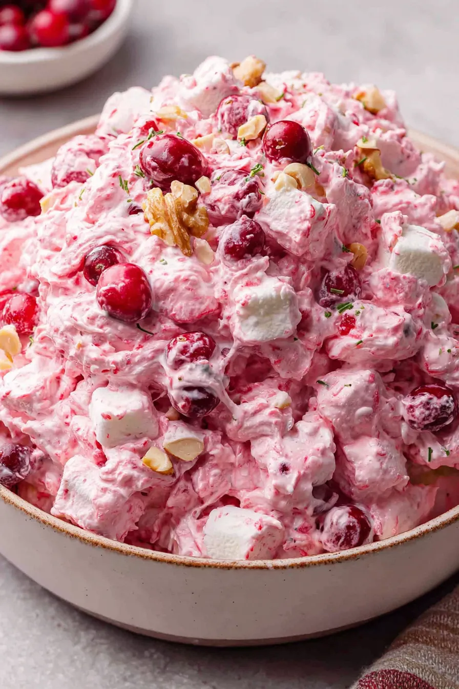 Close-up of cranberry fluff with chopped nuts and grapes