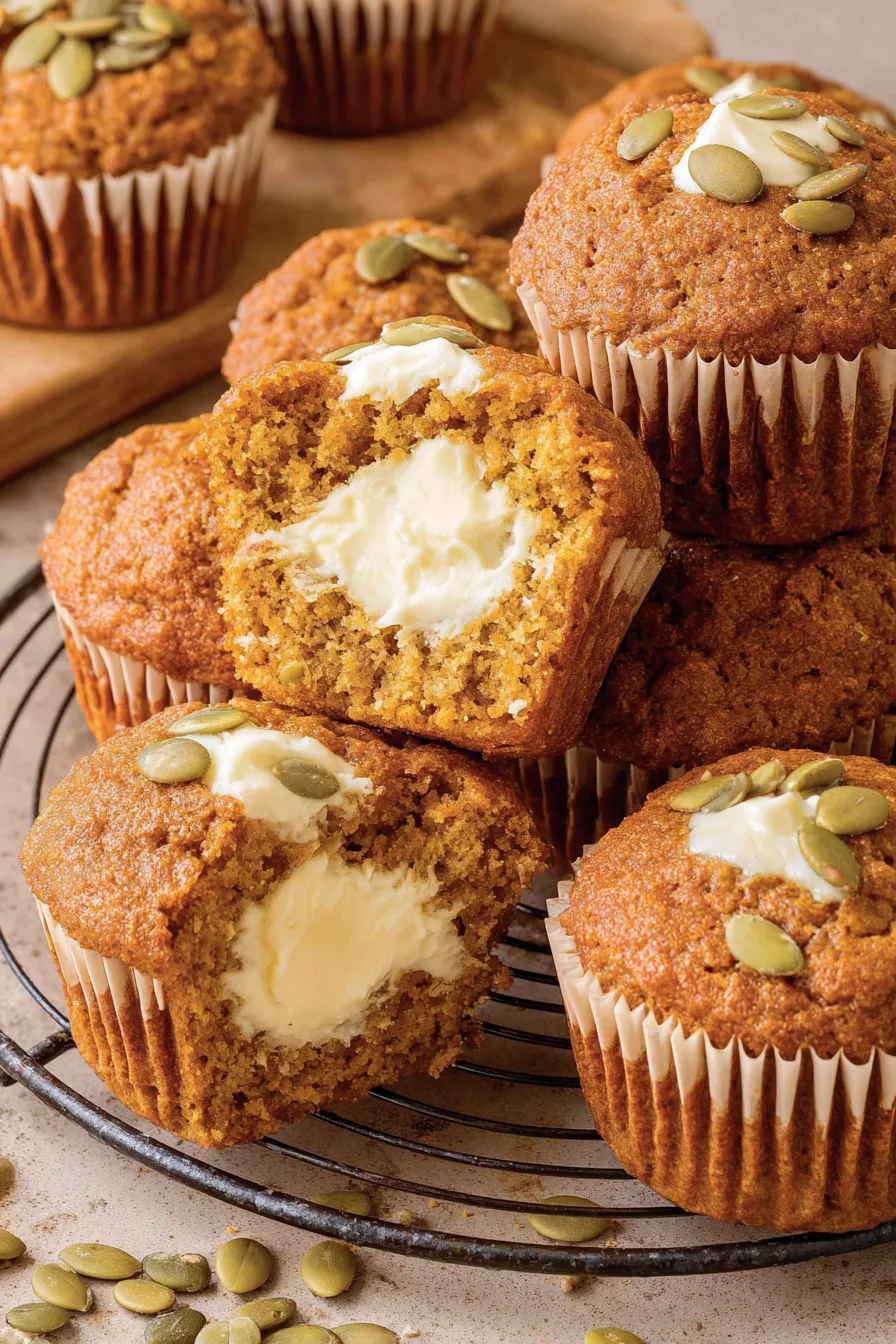 close up of cut muffin showing cream cheese center