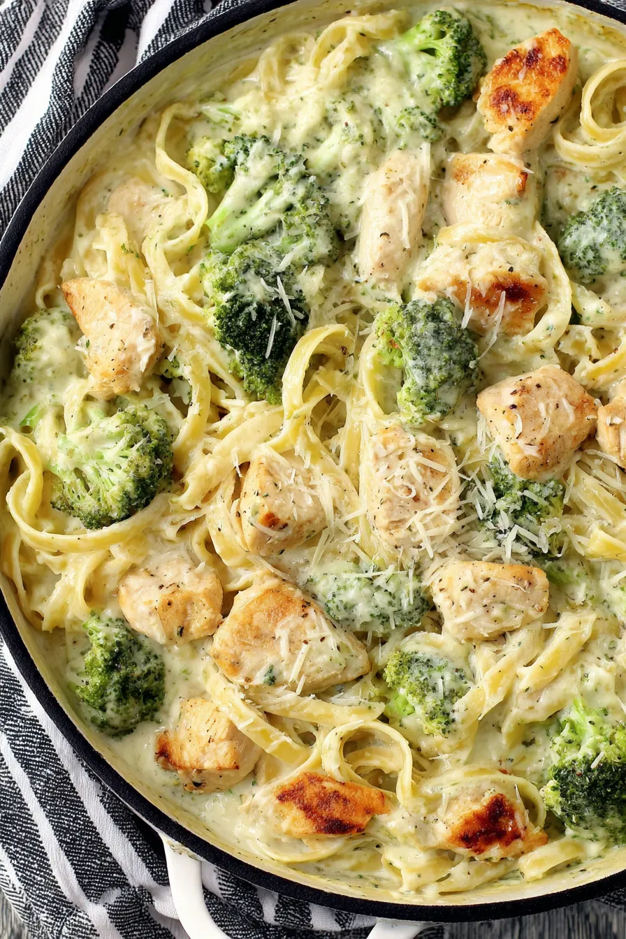 Fettuccine with chicken and broccoli in creamy sauce