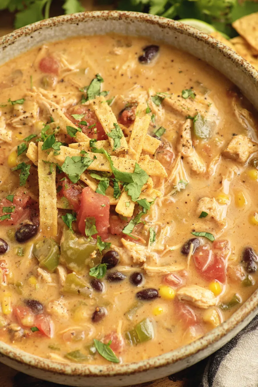 Slow cooker chicken tortilla soup simmering with cheese