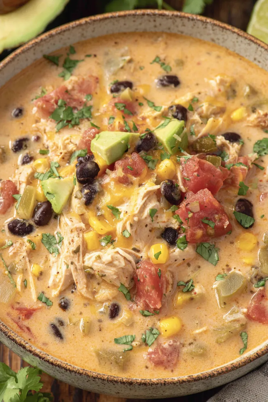 Bowl of chicken tortilla soup topped with cilantro and tortilla strips