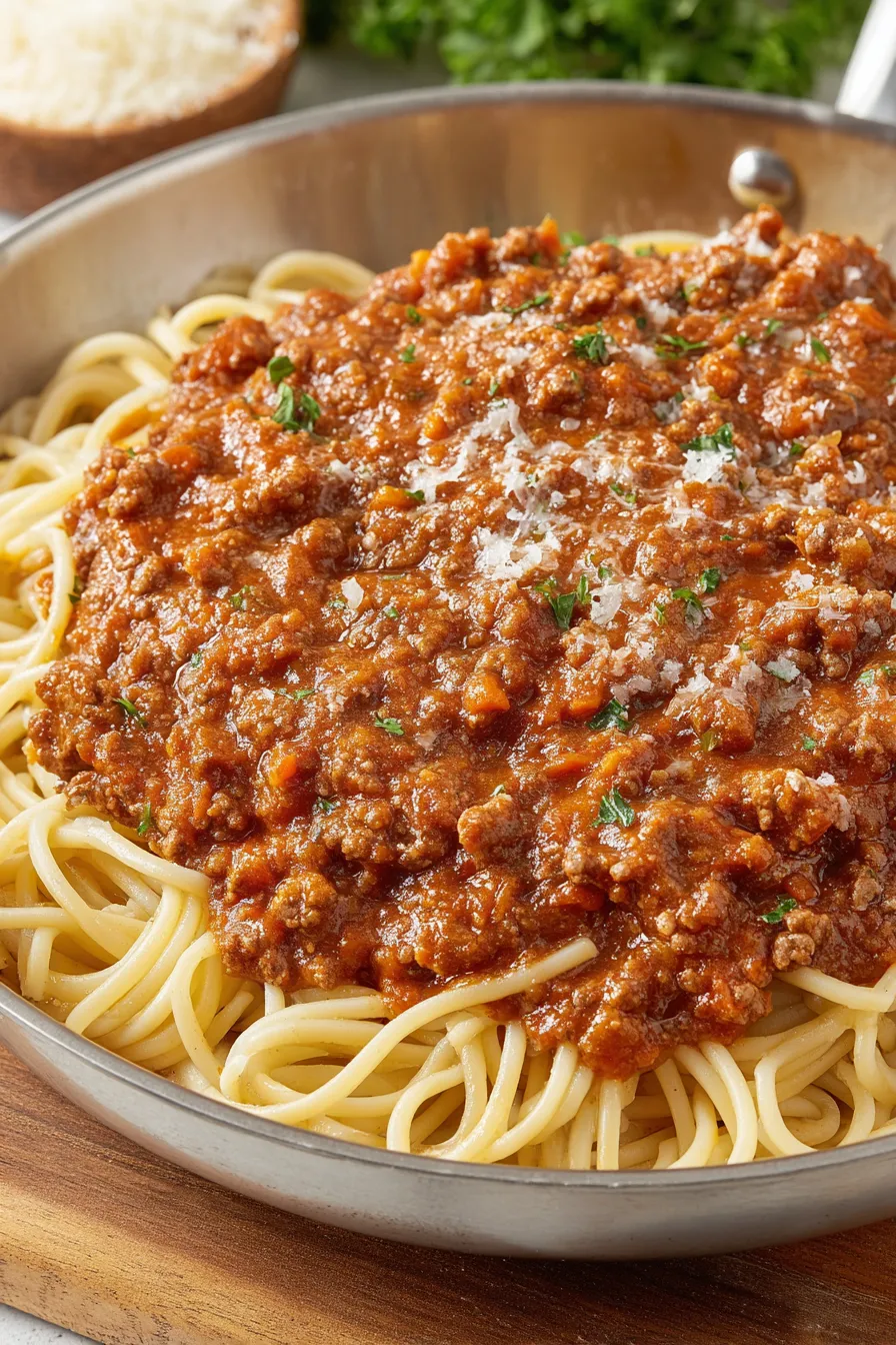 Finished Bolognese plated with pasta
