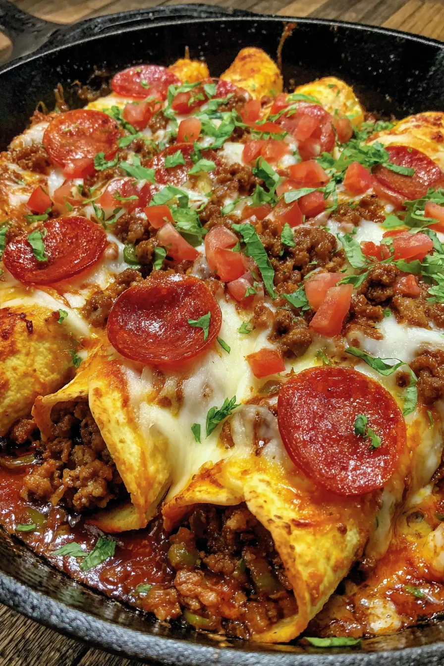 Close-up of a sliced pizza enchilada showing melty cheese and filling