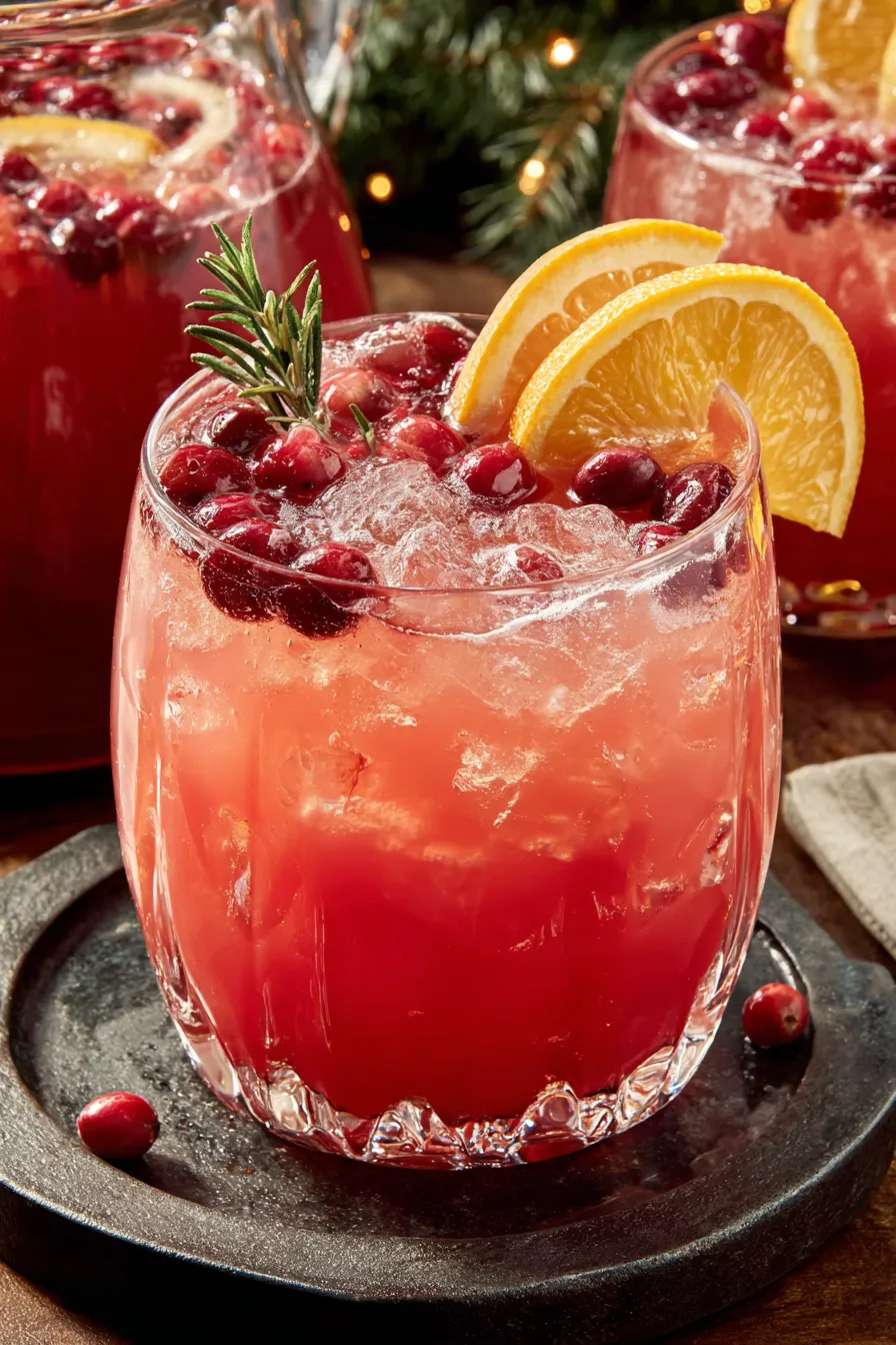 Pitcher of Christmas Morning Punch with orange garnish