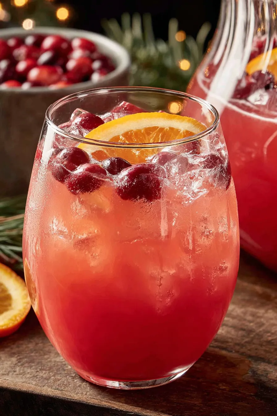 Glasses of punch with orange slices and festive backdrop