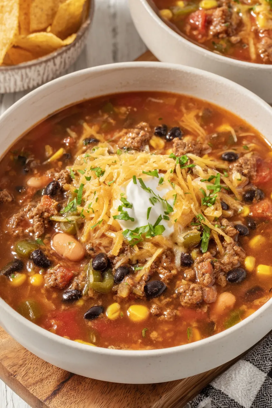 Simmering pot of hearty taco soup with beans and corn