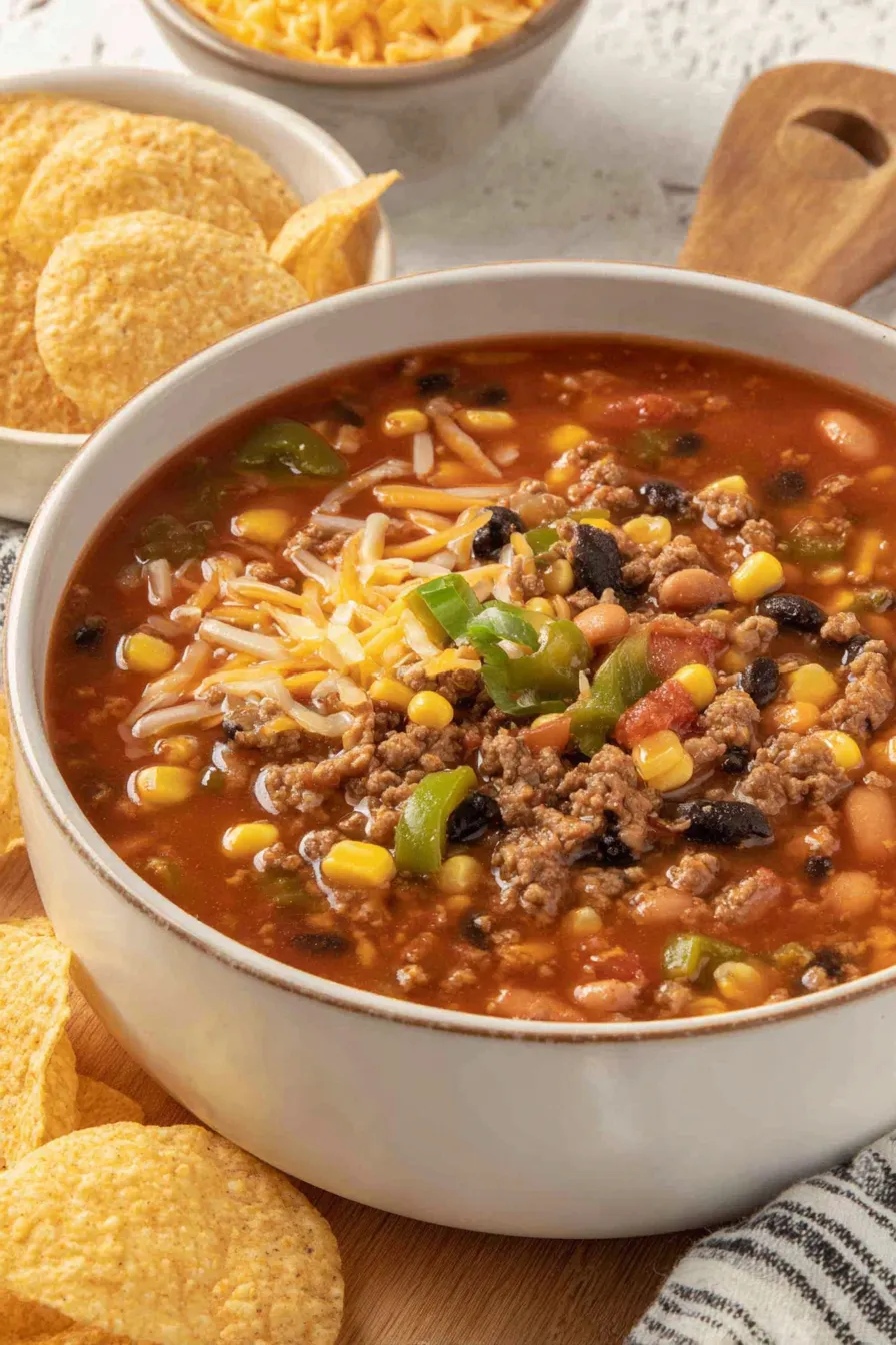 Bowl of taco soup topped with cheese and cilantro