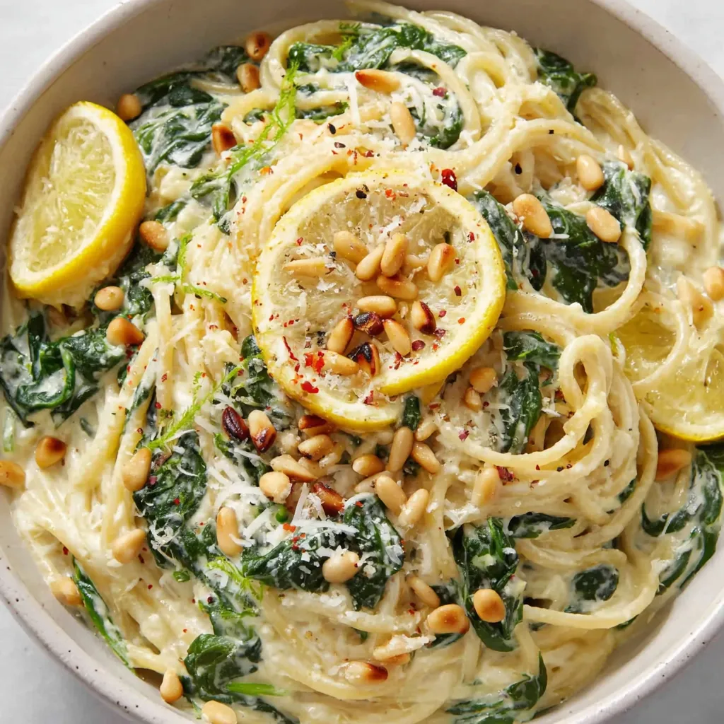 Creamy Lemon Ricotta Pasta with Spinach and Toasted Pine Nuts